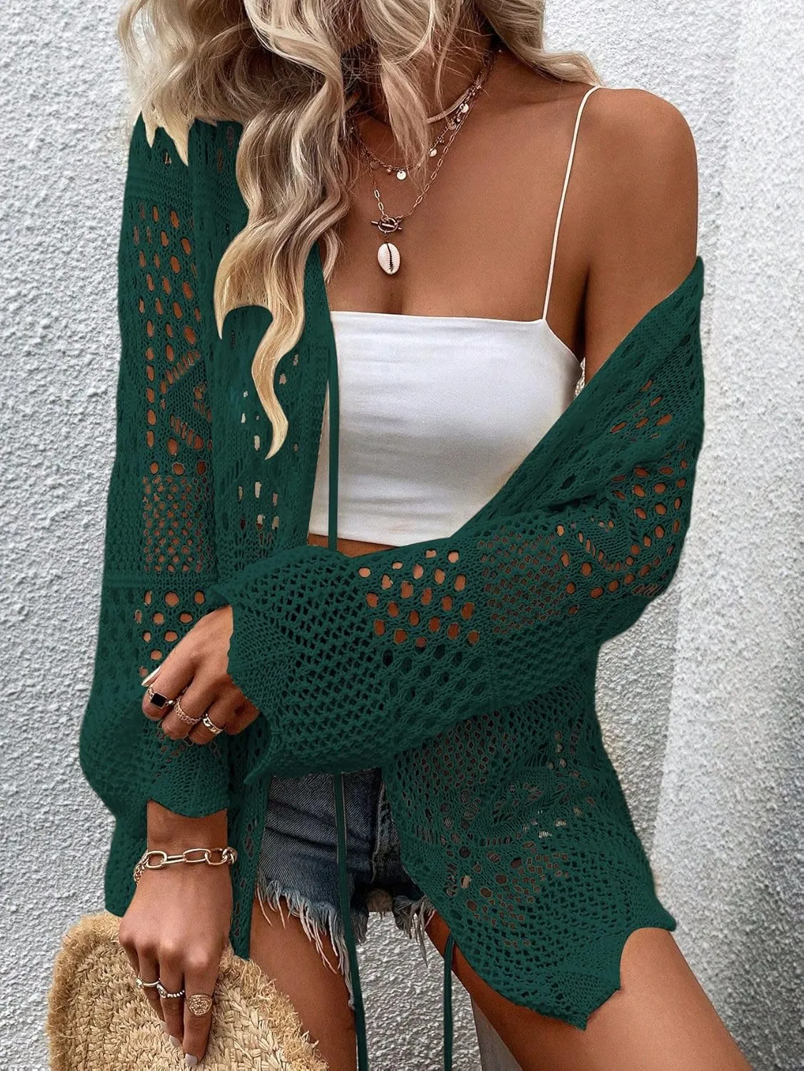 SISKIN Women's Swimsuit Coverup Cardigan Sweaters Lightweight Crochet Cotton Boho Tie Front Summer Tops Hollow Out
