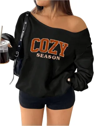 SOLY HUX Women's Plus Size Off The Shoulder Graphic Sweatshirts Long Sleeve Baggy Pullover Tshirt Tops