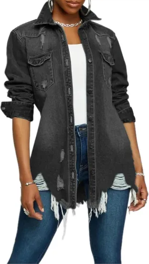 SOMTHRON Women's Distressed Denim Jeans Outfits Coat Spring Fall Ripped Jeans Outerwear Denim Jacket