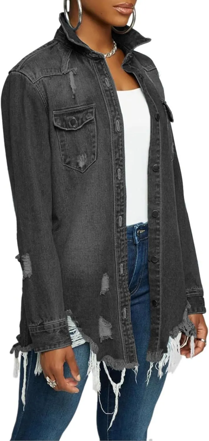 SOMTHRON Women's Distressed Denim Jeans Outfits Coat Spring Fall Ripped Jeans Outerwear Denim Jacket