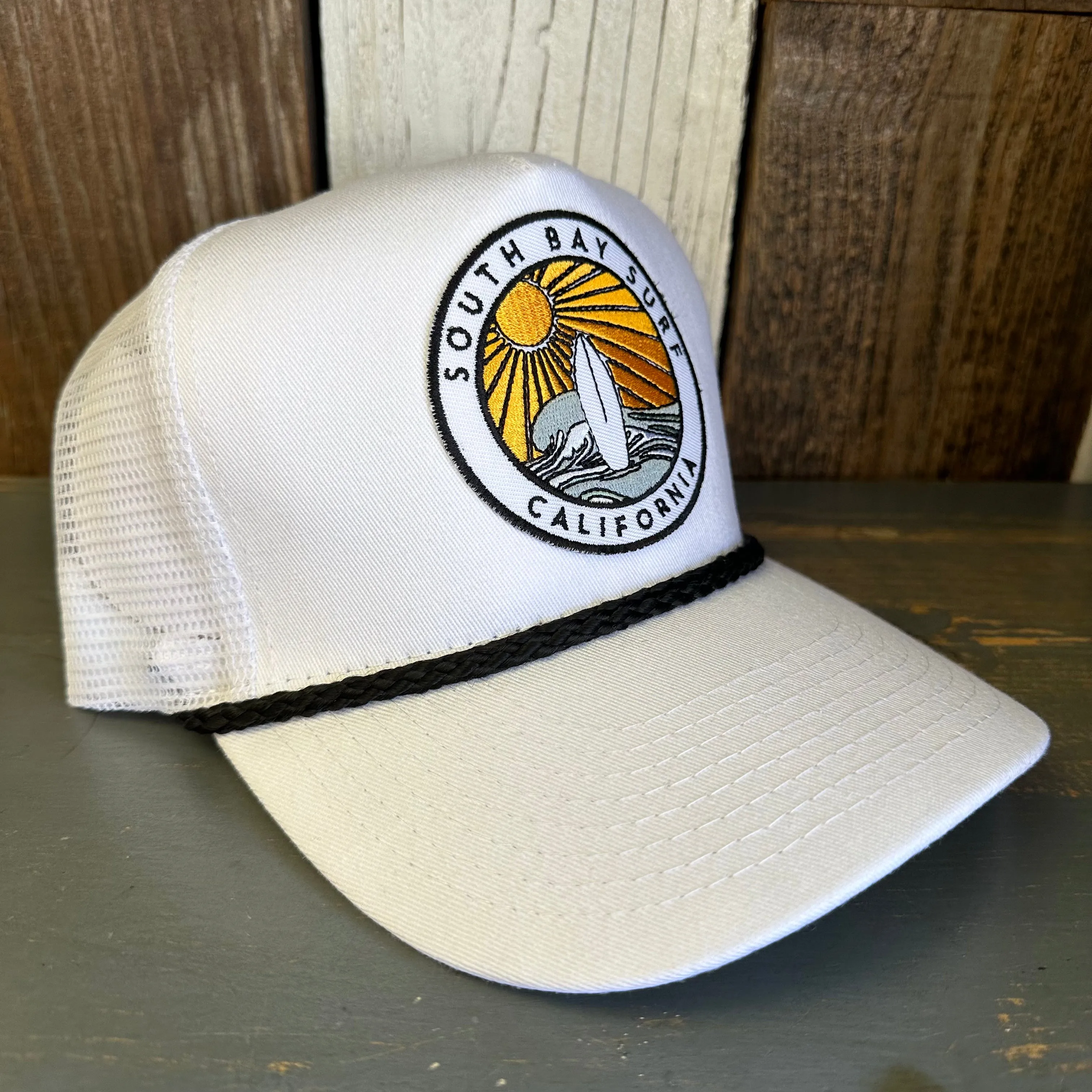 SOUTH BAY SURF (Multi Colored Patch) 5 panel Cotton Mesh Trucker, Rope cap - White/Black Braid