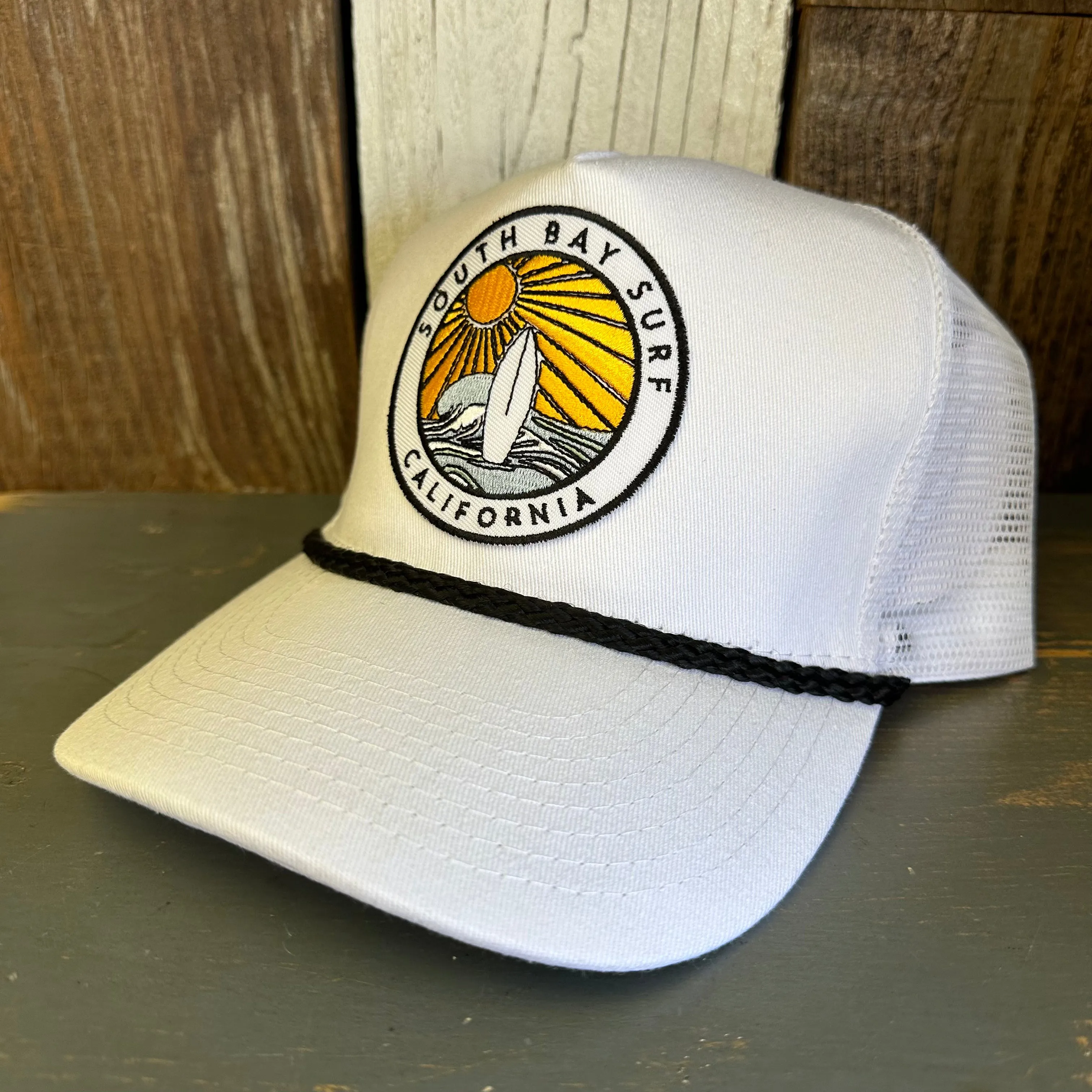 SOUTH BAY SURF (Multi Colored Patch) 5 panel Cotton Mesh Trucker, Rope cap - White/Black Braid
