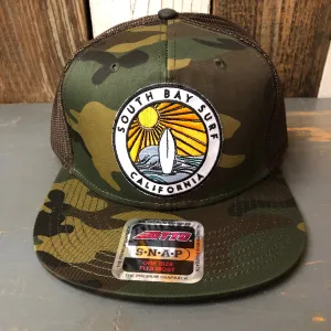 SOUTH BAY SURF (Multi Colored Patch) Camouflage 6 Pad Profile Mesh Back Snapback Trucker Hat - Dark Green/Brown/Camo Mesh