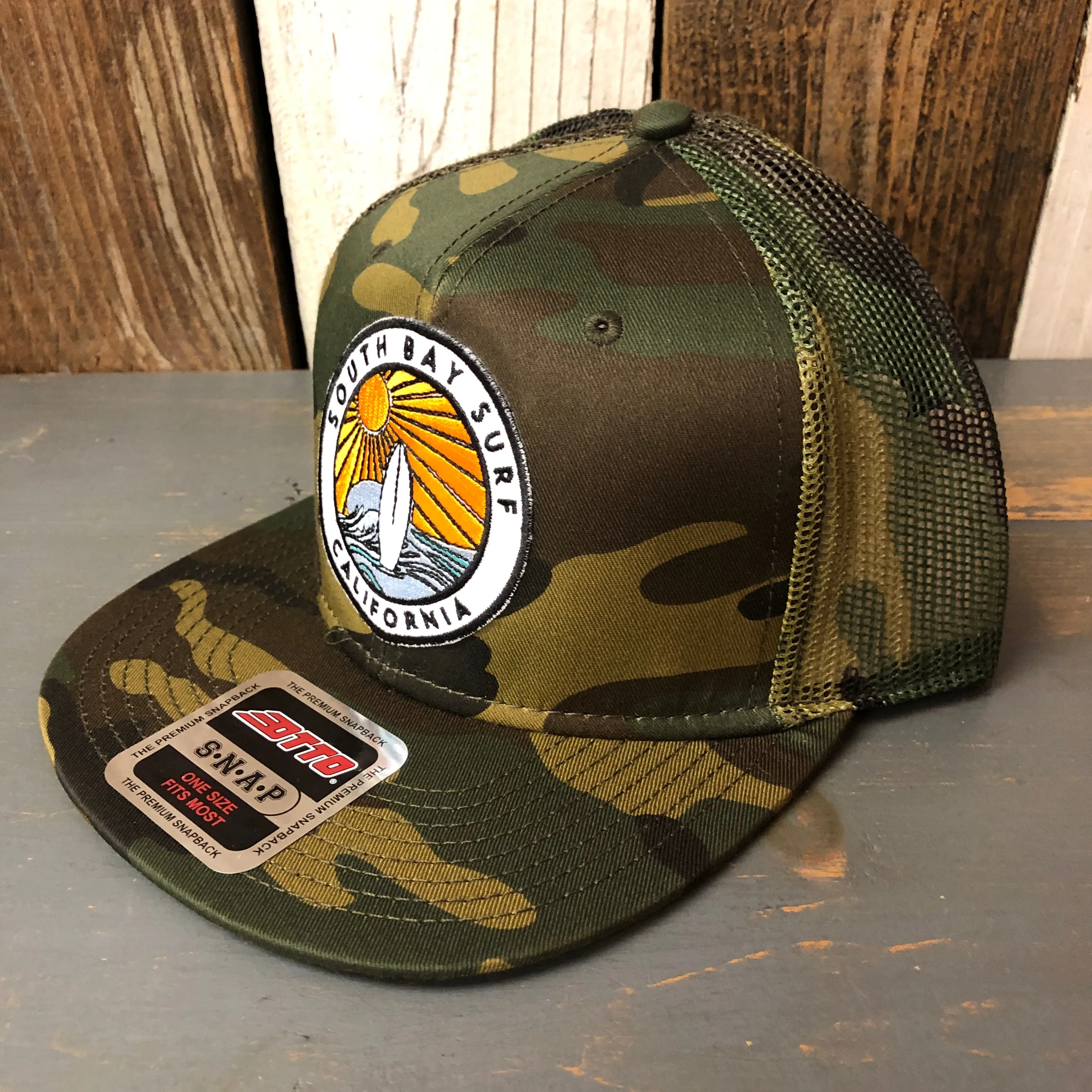 SOUTH BAY SURF (Multi Colored Patch) Camouflage 6 Pad Profile Mesh Back Snapback Trucker Hat - Dark Green/Brown/Camo Mesh
