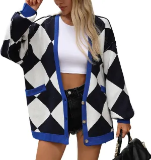 Sumleno Women Argyle Preppy Cardigan Sweaters Long Sleeve Button Open Front Oversized Knit Tops Fall Winter Y2k Outfits