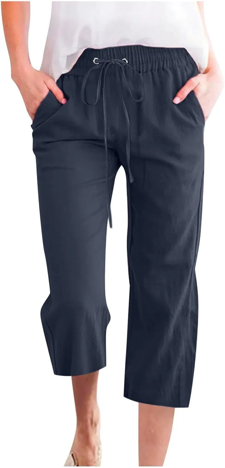 Summer Capri Pants for Women 2025 Drawstring Elastic Trousers Comfy Straight Leg Long Linen Lounge Beach Summer