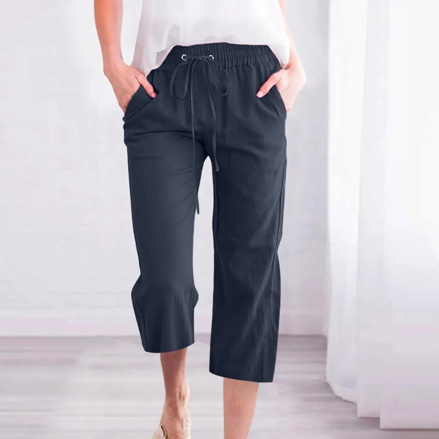 Summer Capri Pants for Women 2025 Drawstring Elastic Trousers Comfy Straight Leg Long Linen Lounge Beach Summer