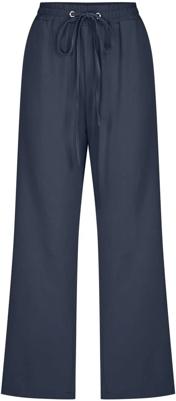 Summer Capri Pants for Women 2025 Drawstring Elastic Trousers Comfy Straight Leg Long Linen Lounge Beach Summer
