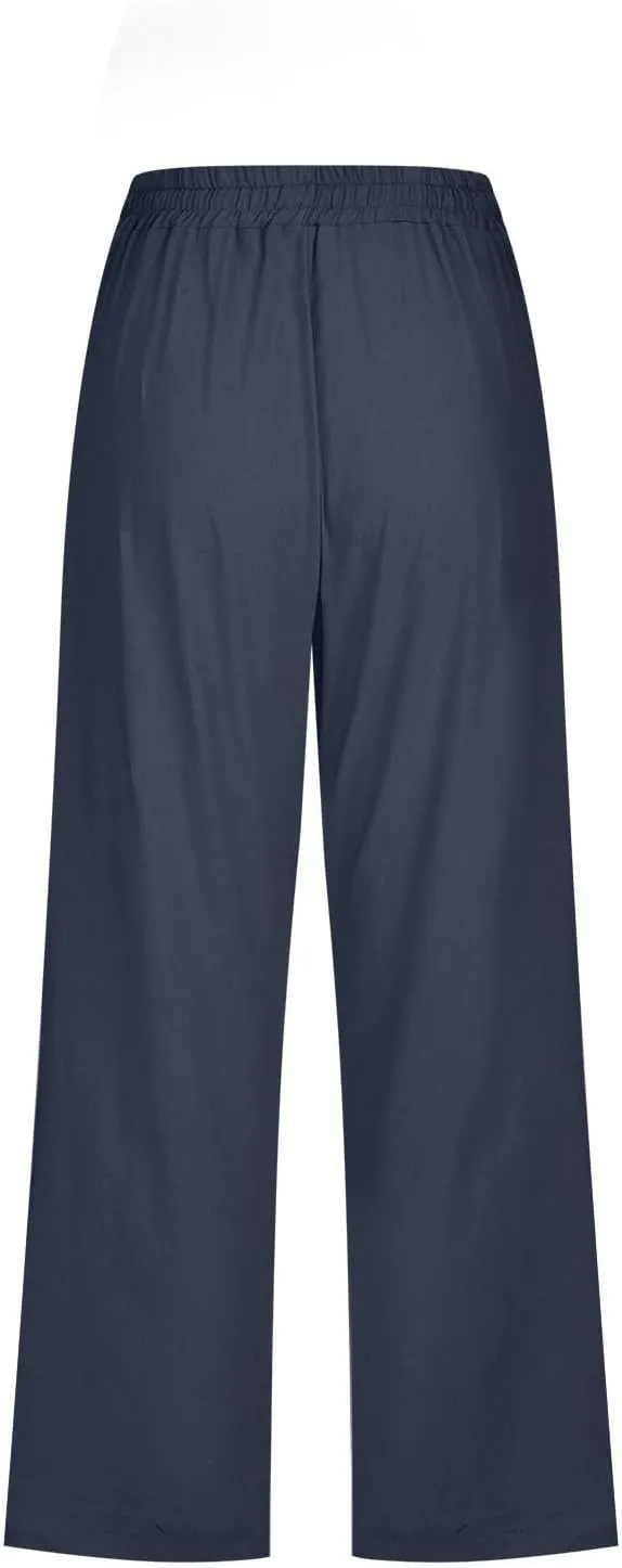 Summer Capri Pants for Women 2025 Drawstring Elastic Trousers Comfy Straight Leg Long Linen Lounge Beach Summer