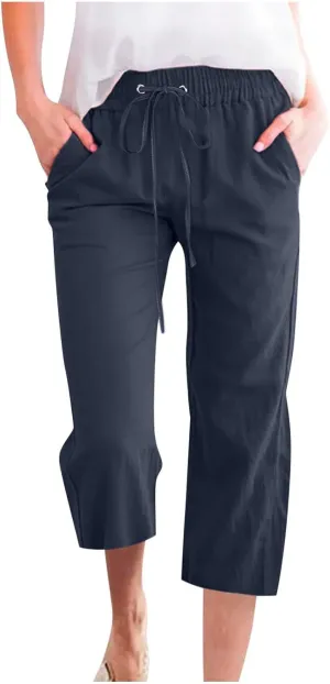 Summer Capri Pants for Women 2025 Drawstring Elastic Trousers Comfy Straight Leg Long Linen Lounge Beach Summer