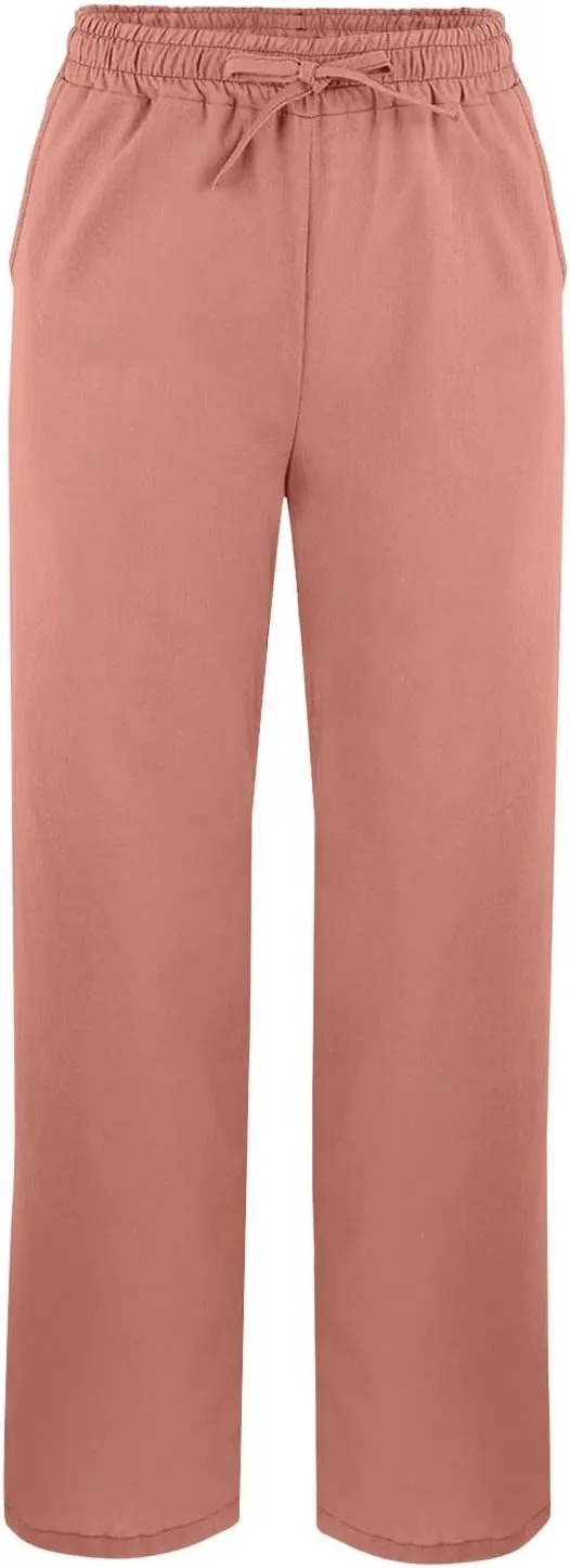 Summer Cotton Linen Pants for Women 2025 Casual Drawstring High Waisted Linen Beach Wide Leg Trousers with Pockets
