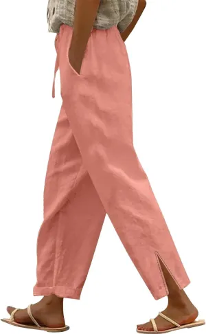 Summer Cotton Linen Pants for Women 2025 Casual Drawstring High Waisted Linen Beach Wide Leg Trousers with Pockets