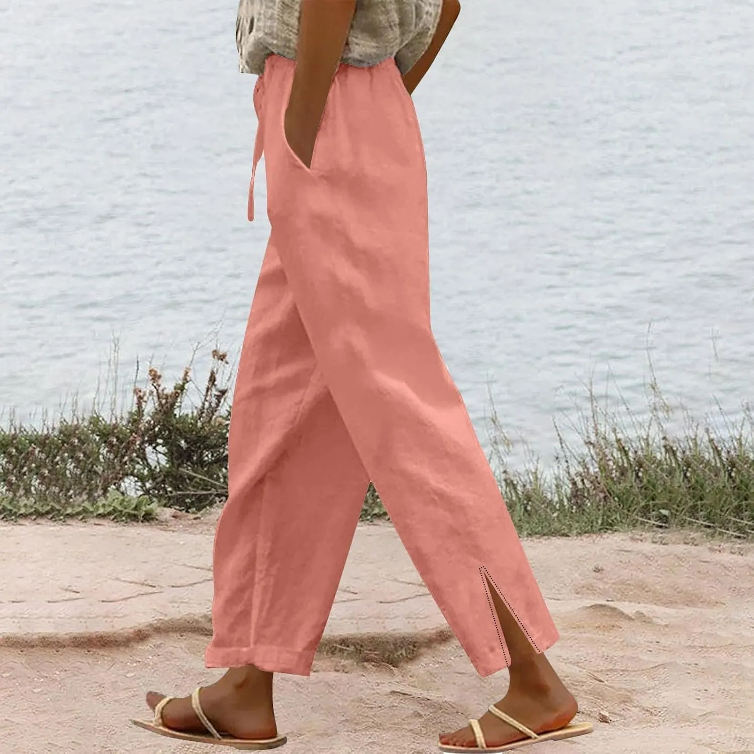 Summer Cotton Linen Pants for Women 2025 Casual Drawstring High Waisted Linen Beach Wide Leg Trousers with Pockets