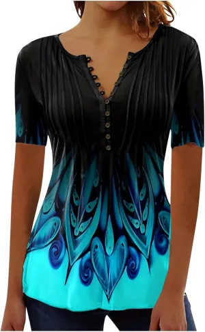 Summer Tops for Women 2025 Trendy Boho Floral Print Tunic Shirts Short Sleeve Button v Neck Tshirt Casual Loose Blouse