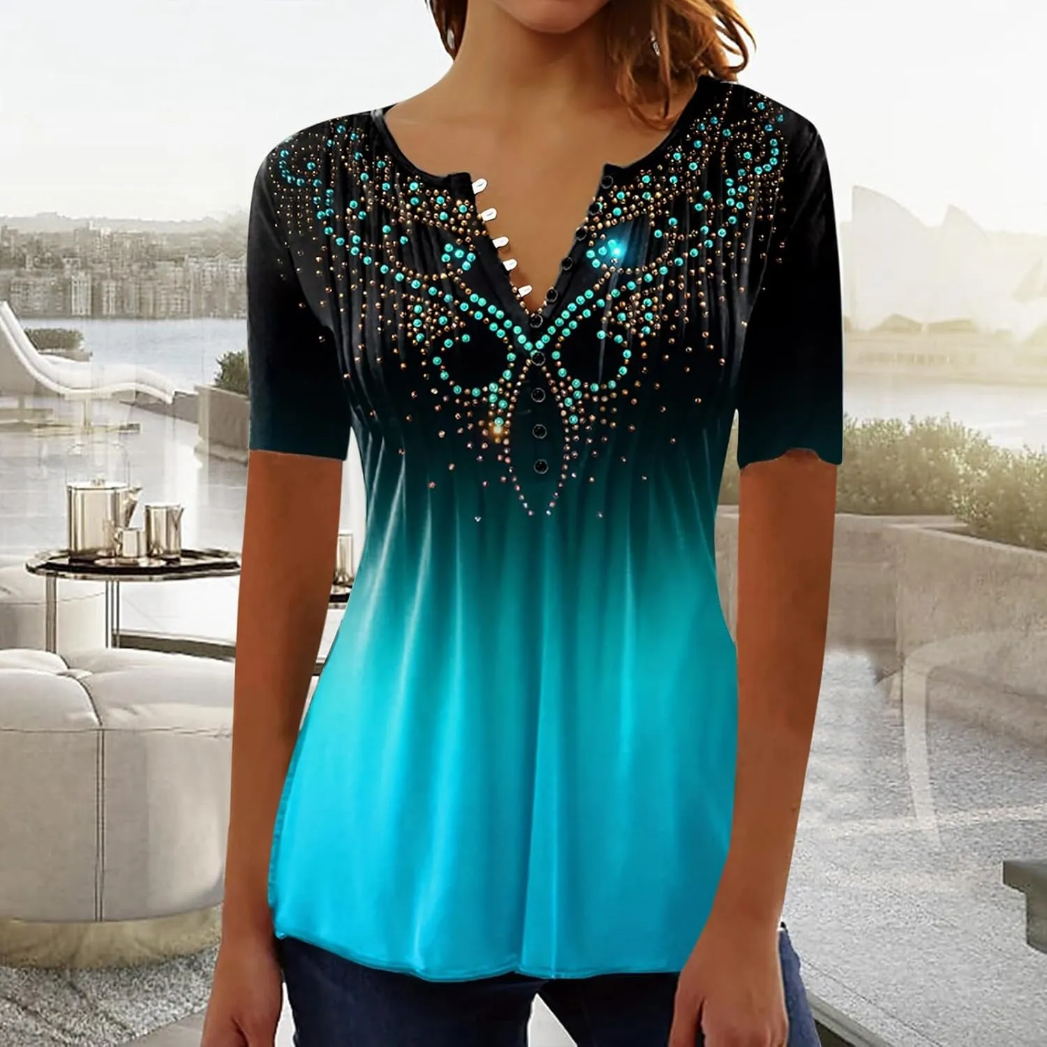 Summer Tops for Women 2025 Trendy Boho Floral Print Tunic Shirts Short Sleeve Button v Neck Tshirt Casual Loose Blouse