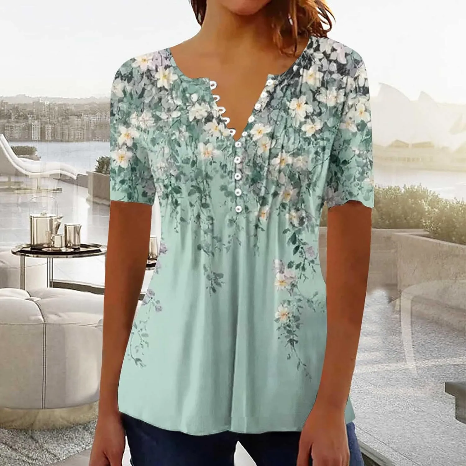 Summer Tops for Women 2025 Trendy Boho Floral Print Tunic Shirts Short Sleeve Button v Neck Tshirt Casual Loose Blouse