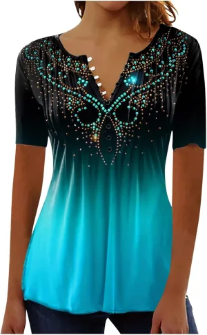 Summer Tops for Women 2025 Trendy Boho Floral Print Tunic Shirts Short Sleeve Button v Neck Tshirt Casual Loose Blouse