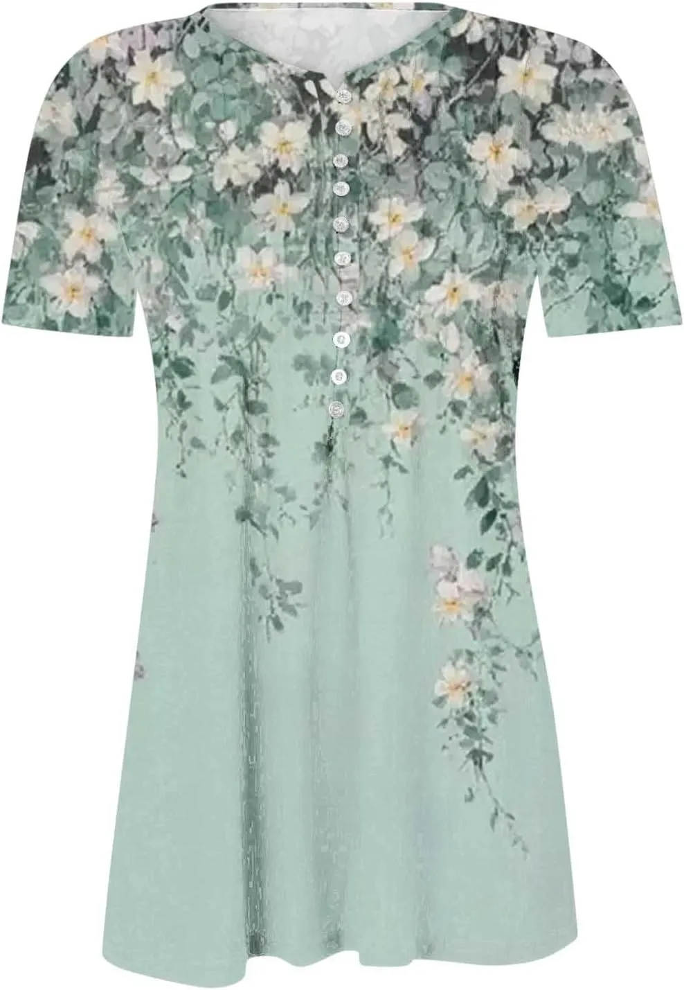Summer Tops for Women 2025 Trendy Boho Floral Print Tunic Shirts Short Sleeve Button v Neck Tshirt Casual Loose Blouse