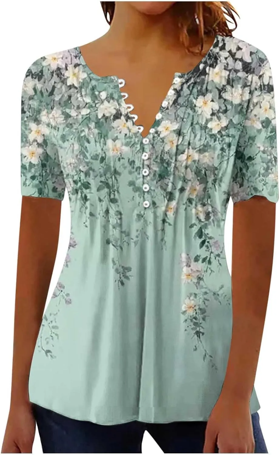 Summer Tops for Women 2025 Trendy Boho Floral Print Tunic Shirts Short Sleeve Button v Neck Tshirt Casual Loose Blouse