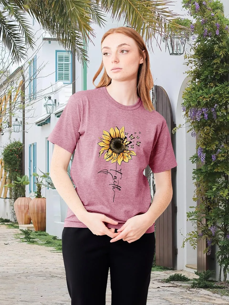 Sunflower Shirts for Women Faith Graphic Tees Short Sleeve Loose Fit Butterfly Teen Girls T Shirt Summer Tops