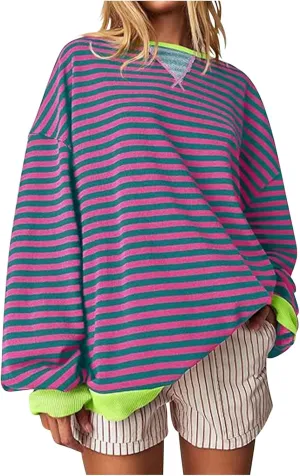 Sweat Shirt For Women 2024 Casual Crew Neck Long Sleeve Striped Pullover Tunic Quarter Aesthetic Trendy Tops