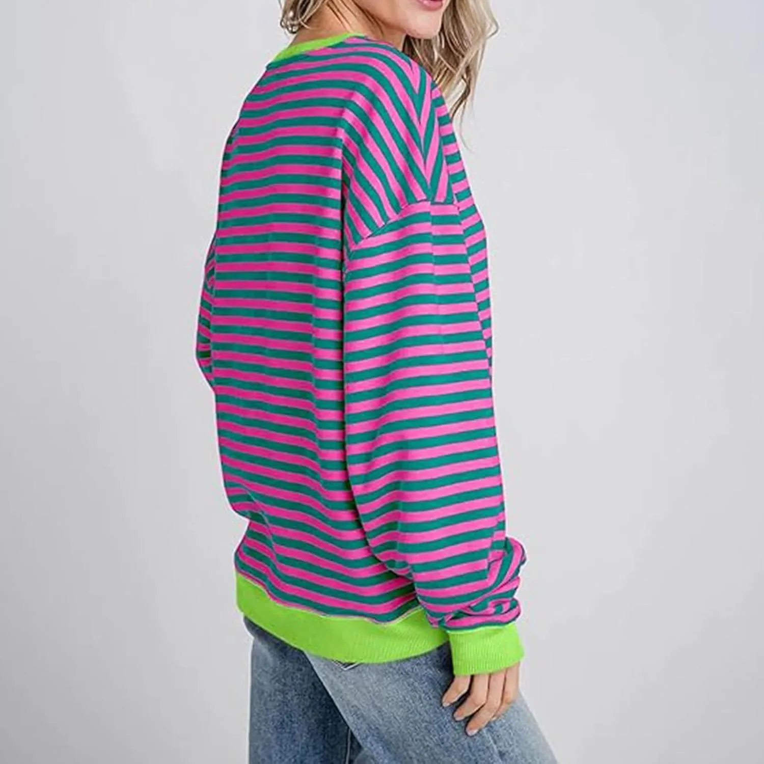 Sweat Shirt For Women 2024 Casual Crew Neck Long Sleeve Striped Pullover Tunic Quarter Aesthetic Trendy Tops
