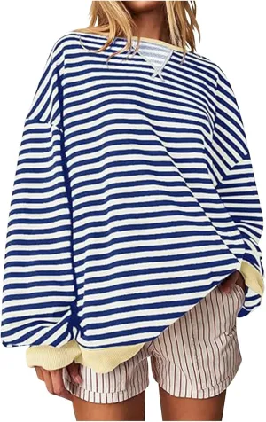 Sweat Shirt For Women 2024 Casual Crew Neck Long Sleeve Striped Pullover Tunic Quarter Aesthetic Trendy Tops
