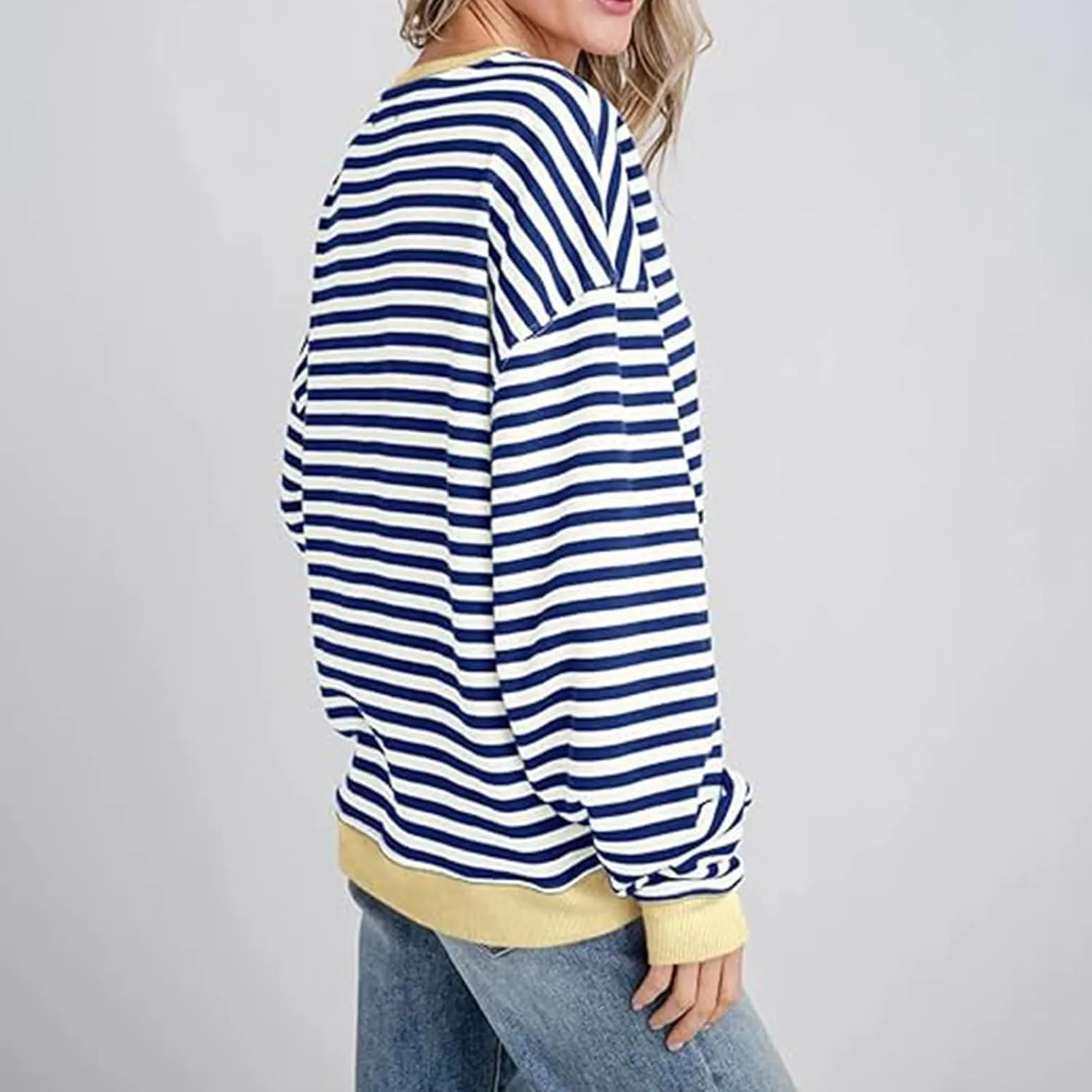 Sweat Shirt For Women 2024 Casual Crew Neck Long Sleeve Striped Pullover Tunic Quarter Aesthetic Trendy Tops