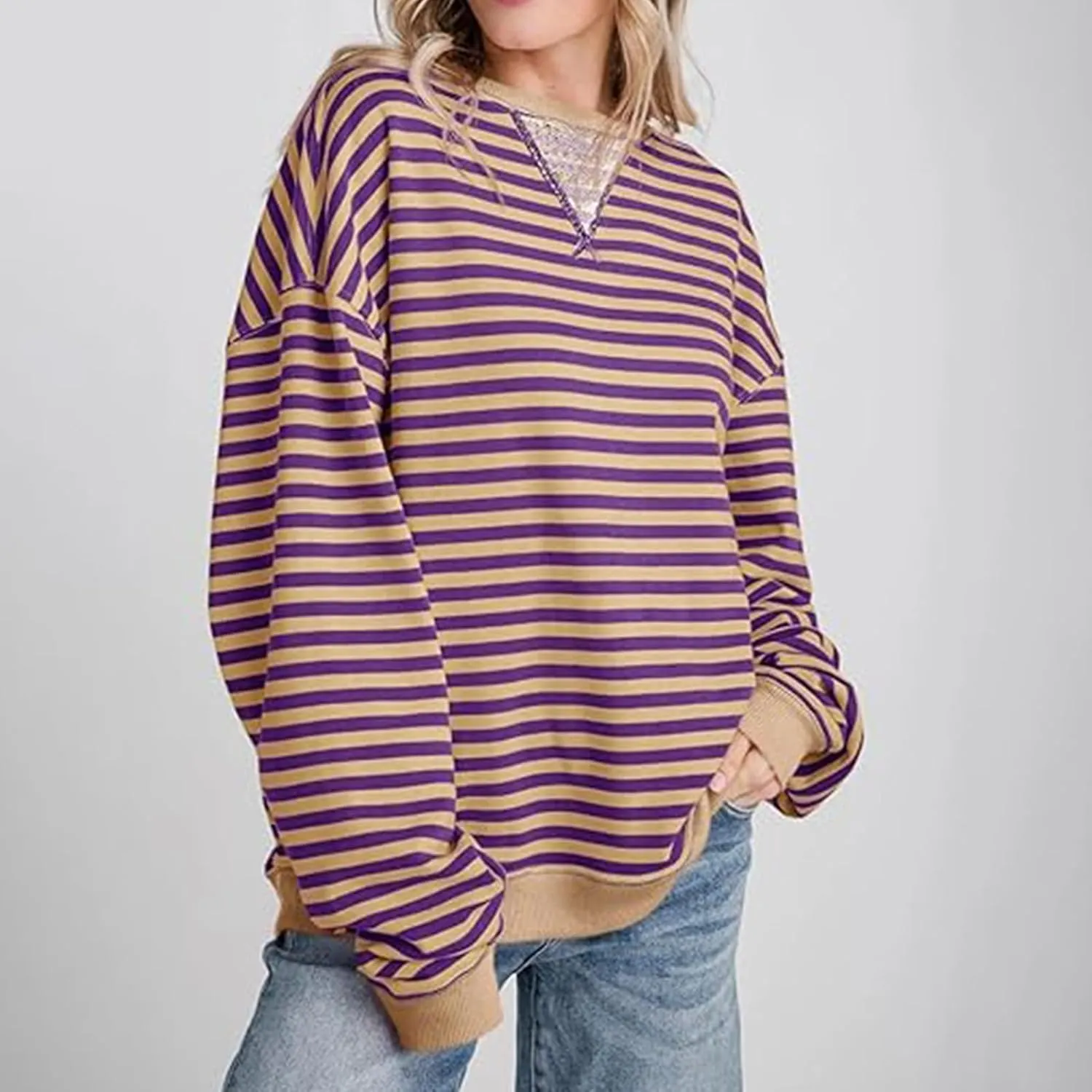 Sweat Shirt For Women 2024 Casual Crew Neck Long Sleeve Striped Pullover Tunic Quarter Aesthetic Trendy Tops