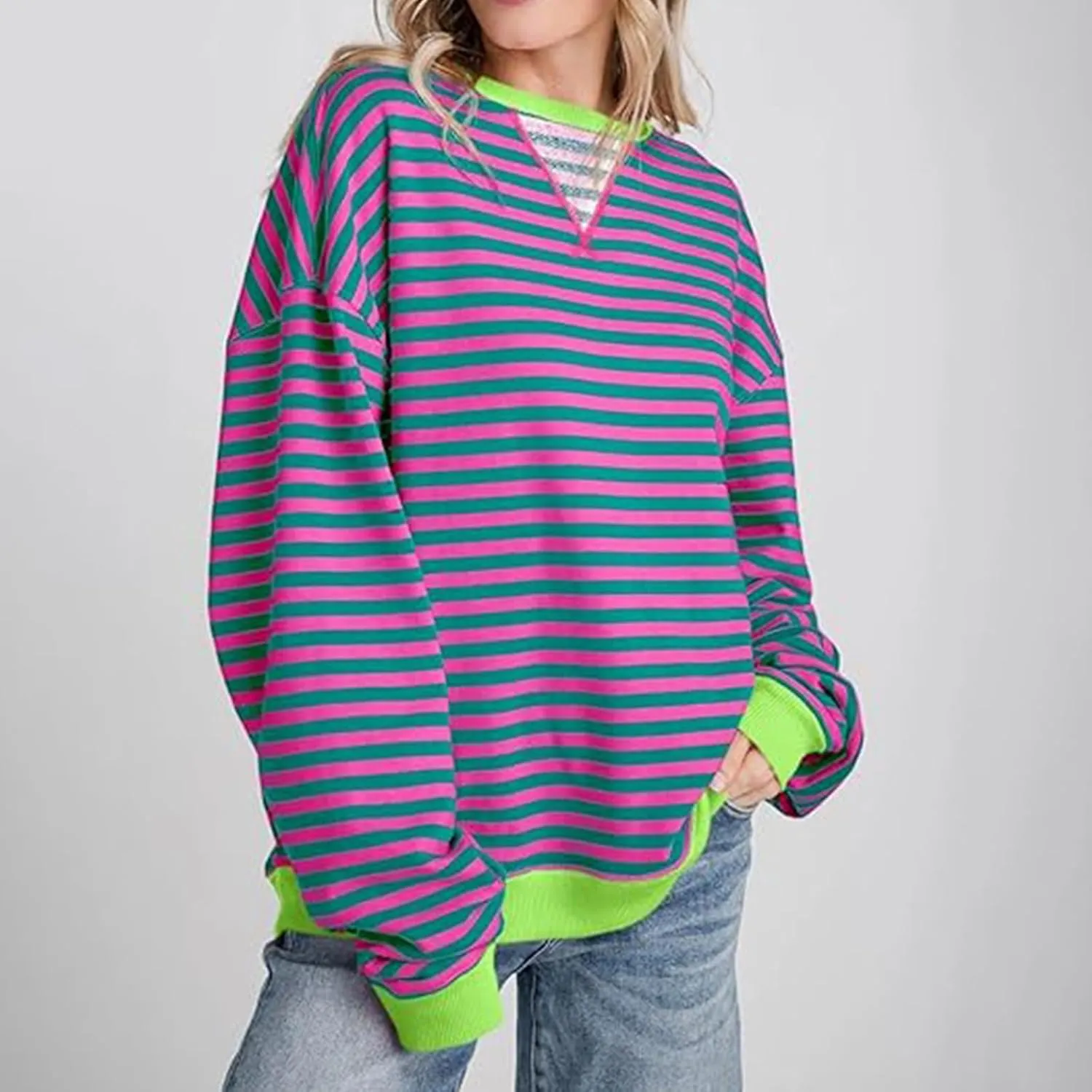 Sweat Shirt For Women 2024 Casual Crew Neck Long Sleeve Striped Pullover Tunic Quarter Aesthetic Trendy Tops