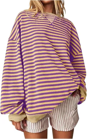Sweat Shirt For Women 2024 Casual Crew Neck Long Sleeve Striped Pullover Tunic Quarter Aesthetic Trendy Tops