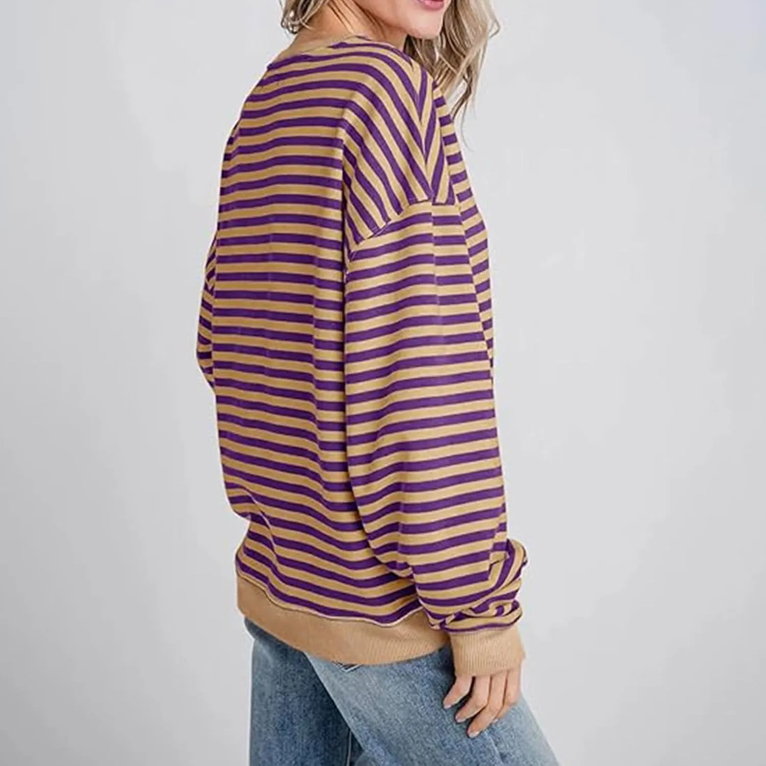 Sweat Shirt For Women 2024 Casual Crew Neck Long Sleeve Striped Pullover Tunic Quarter Aesthetic Trendy Tops
