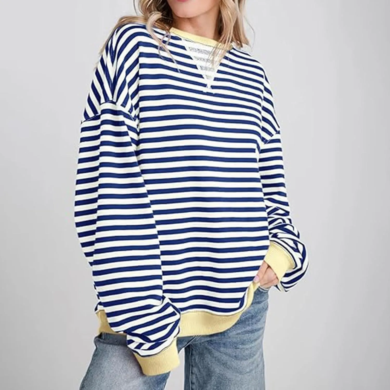 Sweat Shirt For Women 2024 Casual Crew Neck Long Sleeve Striped Pullover Tunic Quarter Aesthetic Trendy Tops