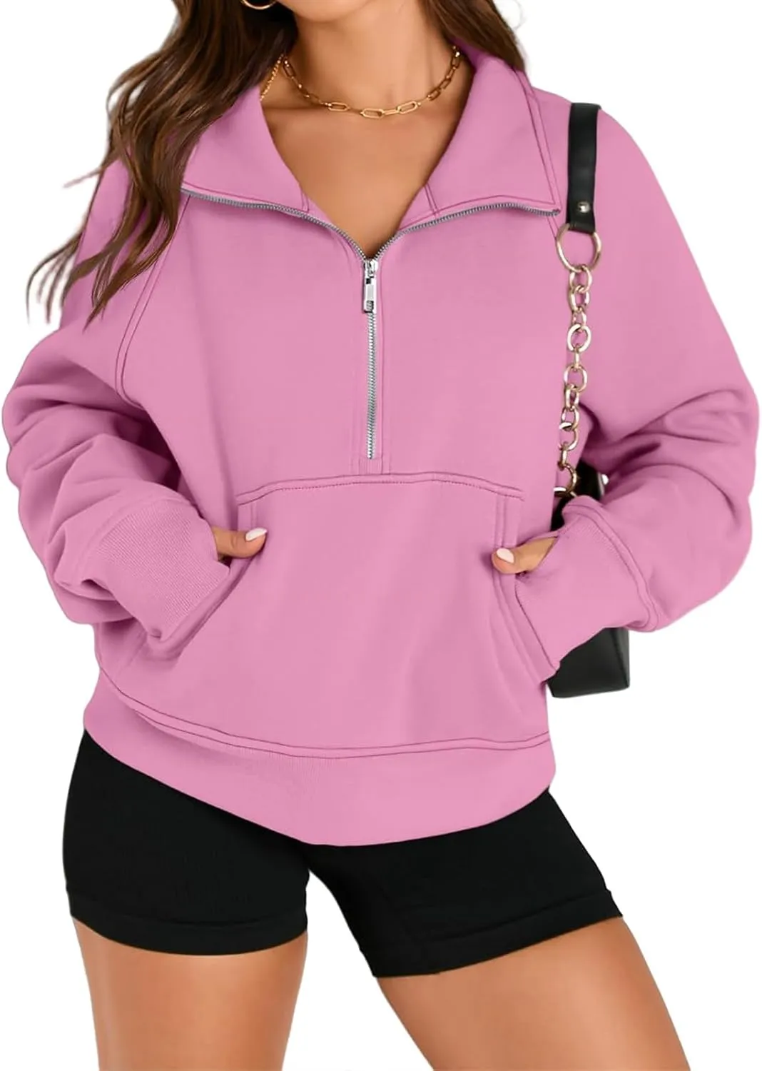 Sweatshirts for Women Half Zip Up Casual Hoodies Loose Thicked Shirts Long Sleeve Solid Tops Y2K Outfits with Pockets