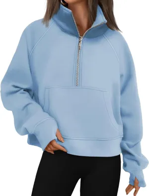 Sweatshirts for Women Half Zip Up Casual Hoodies Loose Thicked Shirts Long Sleeve Solid Tops Y2K Outfits with Pockets
