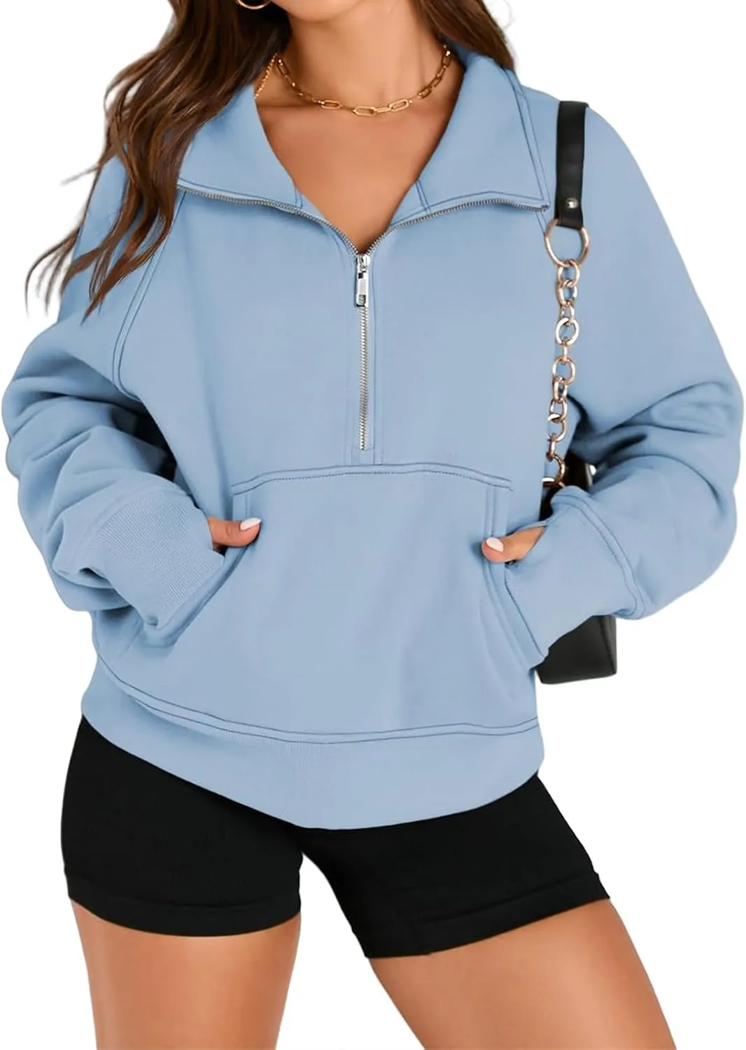 Sweatshirts for Women Half Zip Up Casual Hoodies Loose Thicked Shirts Long Sleeve Solid Tops Y2K Outfits with Pockets