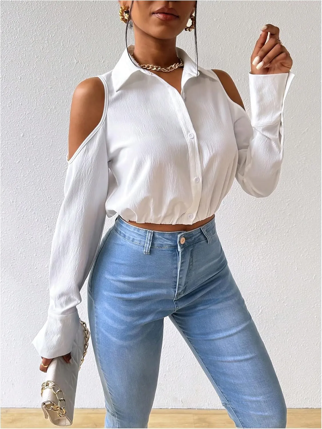 SweatyRocks Women's Cold Shoulder Long Sleeve Button Down Collared Cropped Blouses