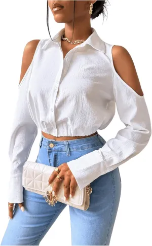SweatyRocks Women's Cold Shoulder Long Sleeve Button Down Collared Cropped Blouses