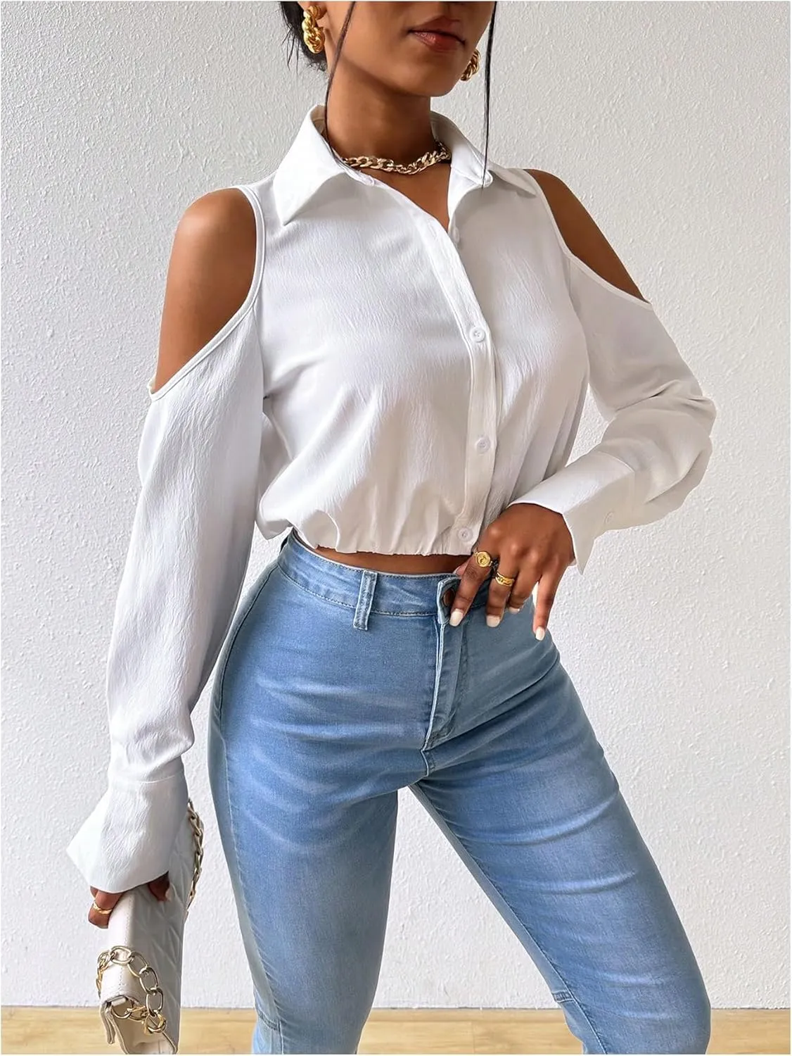 SweatyRocks Women's Cold Shoulder Long Sleeve Button Down Collared Cropped Blouses