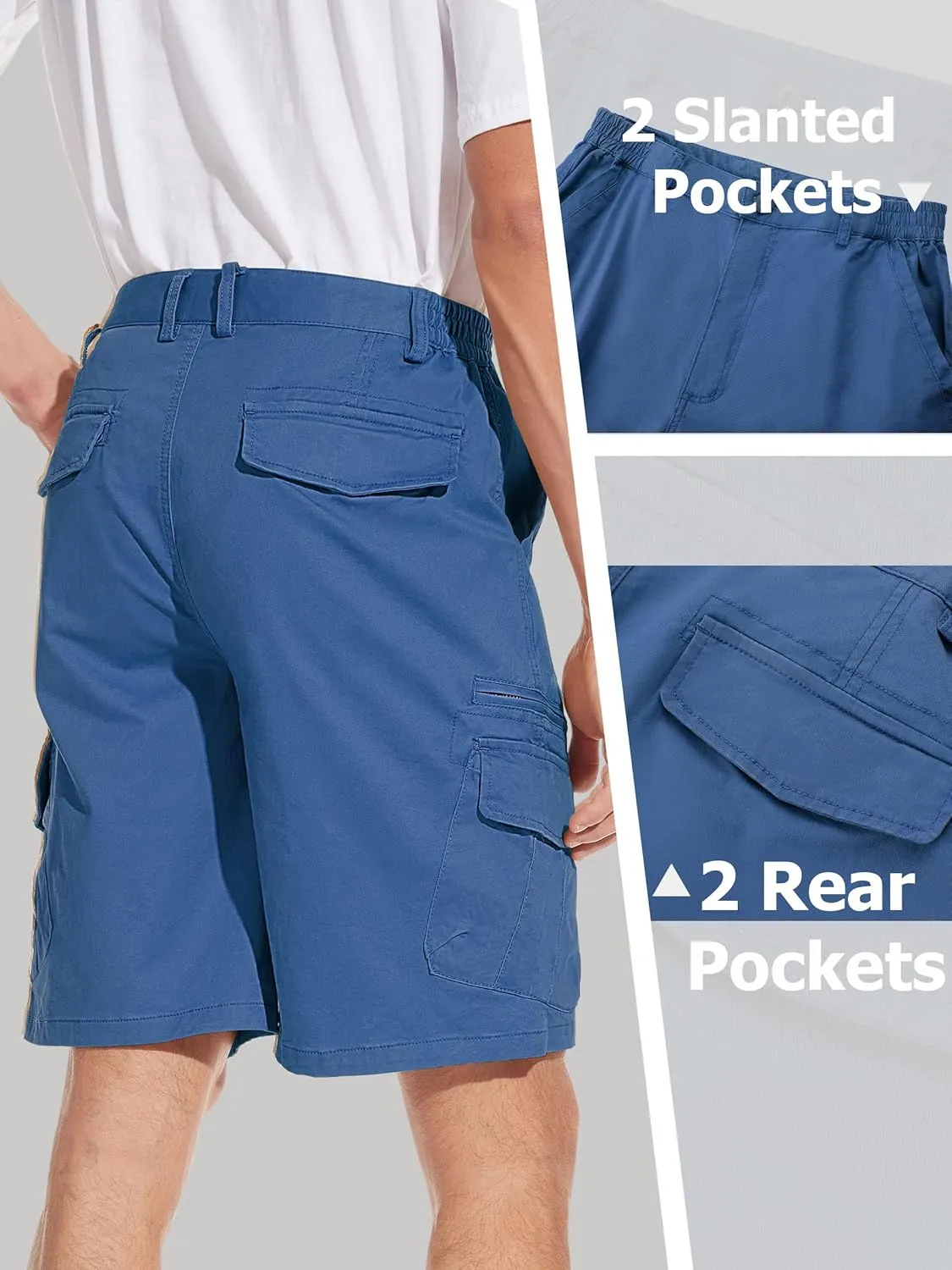 TACVASEN Men's Cargo Short 7 Pockets Comfortable Cotton Elastic Waist Causal Work Shorts