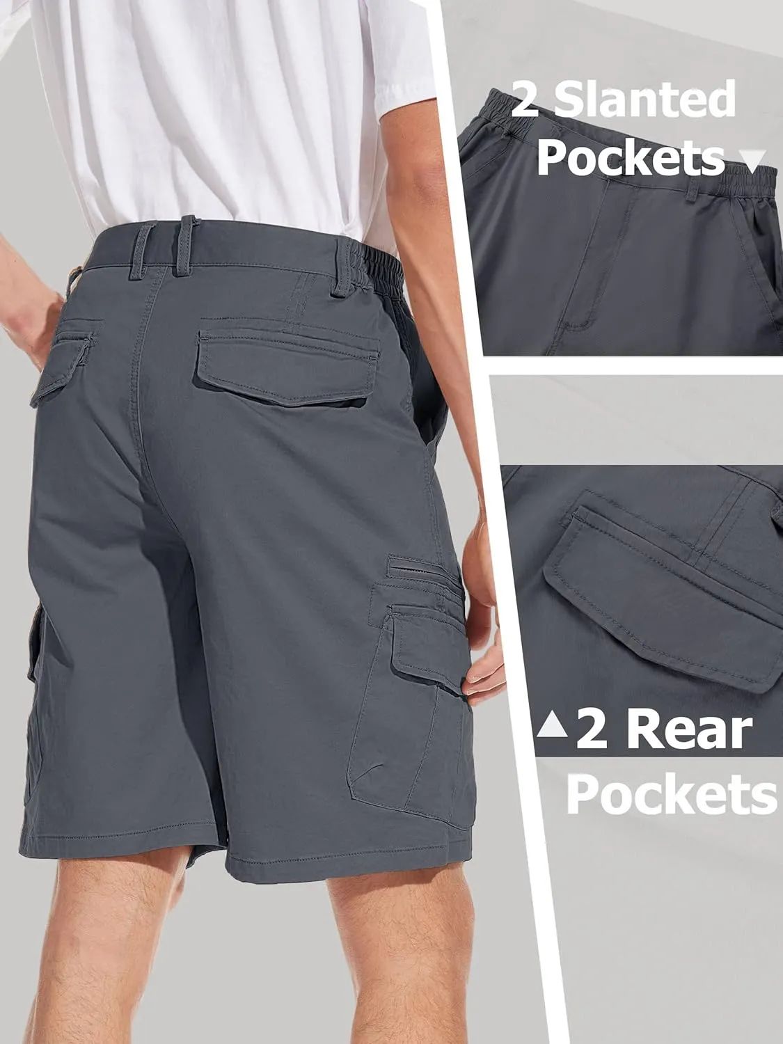TACVASEN Men's Cargo Short 7 Pockets Comfortable Cotton Elastic Waist Causal Work Shorts