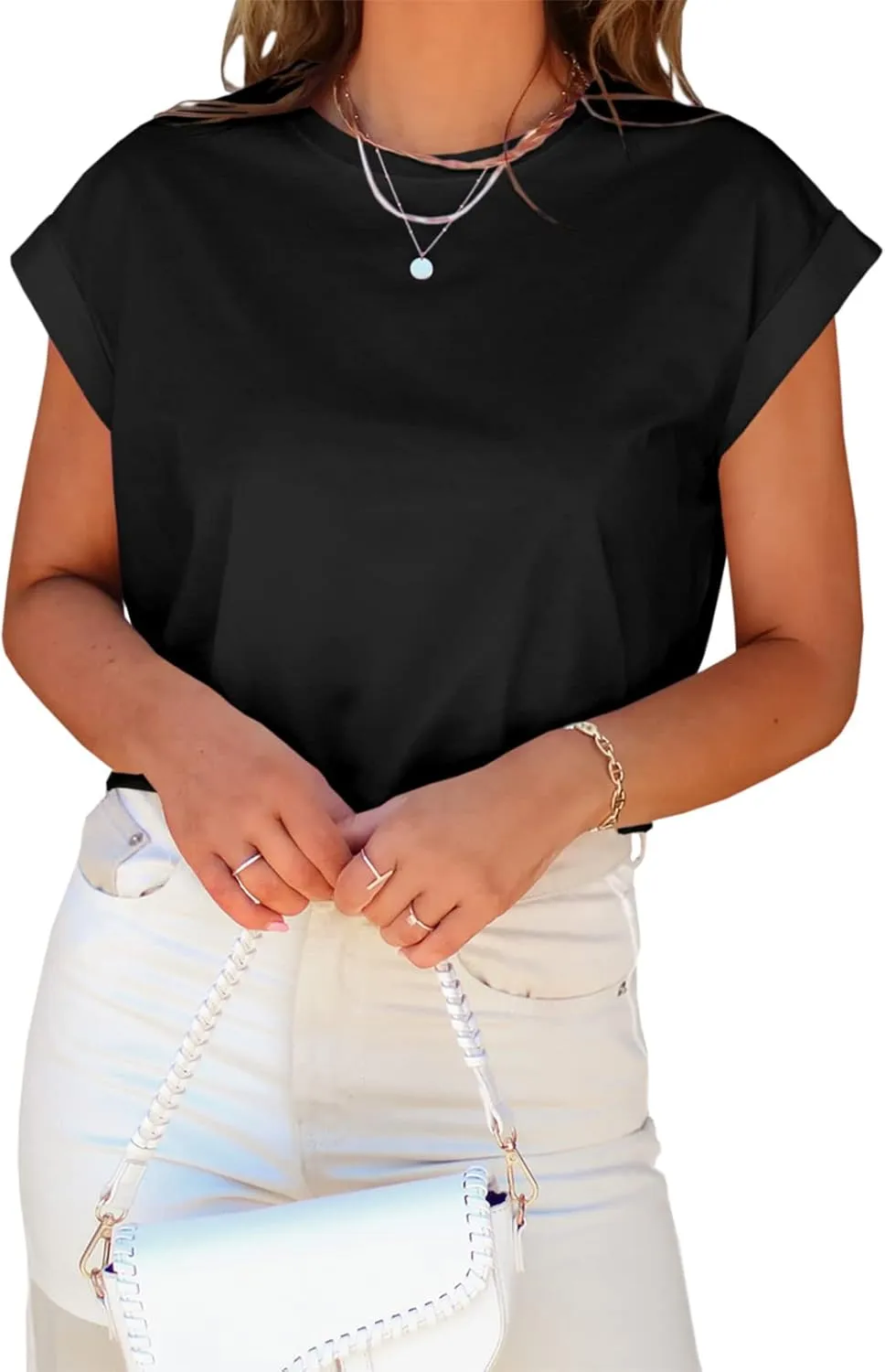Tankaneo Womens Short Sleeve Cropped T-Shirts Summer Rolled Dolman Sleeve Crop Tops Casual Round Neck Solid Short Basic Tees