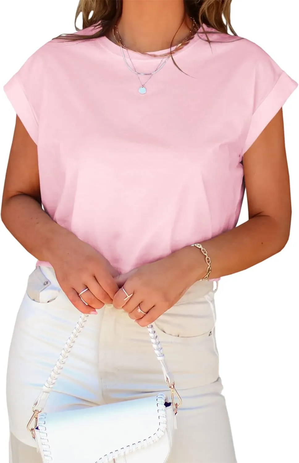 Tankaneo Womens Short Sleeve Cropped T-Shirts Summer Rolled Dolman Sleeve Crop Tops Casual Round Neck Solid Short Basic Tees