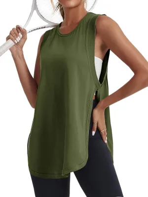 Tankaneo Womens Summer Workout Tank Tops Cotton Side Slit Sleeveless Shirts Oversized Casual Yoga Gym Tees