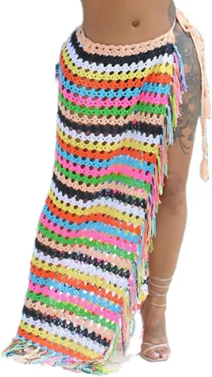 Tcremisa Women's Crochet Cover Up Skirts High Waist Split Knit Tie Up Mesh Beach Cover Up Swimwear