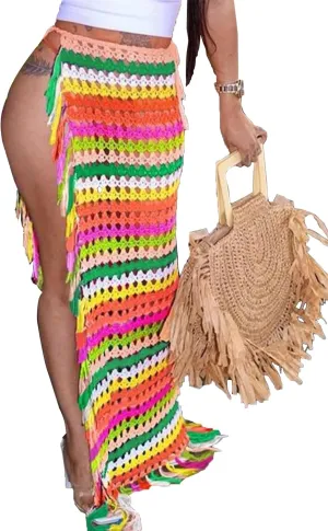 Tcremisa Women's Crochet Cover Up Skirts High Waist Split Knit Tie Up Mesh Beach Cover Up Swimwear