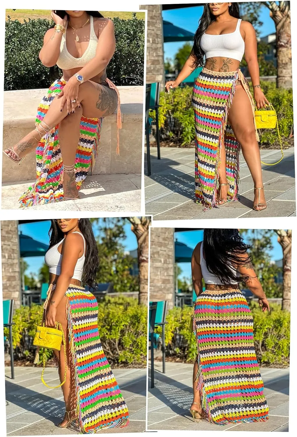 Tcremisa Women's Crochet Cover Up Skirts High Waist Split Knit Tie Up Mesh Beach Cover Up Swimwear