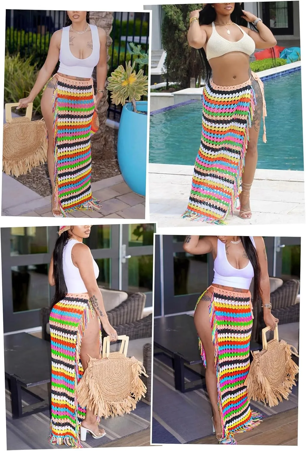 Tcremisa Women's Crochet Cover Up Skirts High Waist Split Knit Tie Up Mesh Beach Cover Up Swimwear