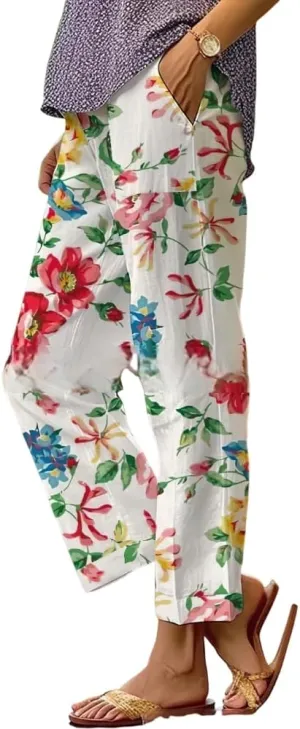 TIAFORD Womens Summer Boho Floral Print Linen Pants Drawstring Elastic Hight Waist Casual Loose Trousers with 4 Pockets