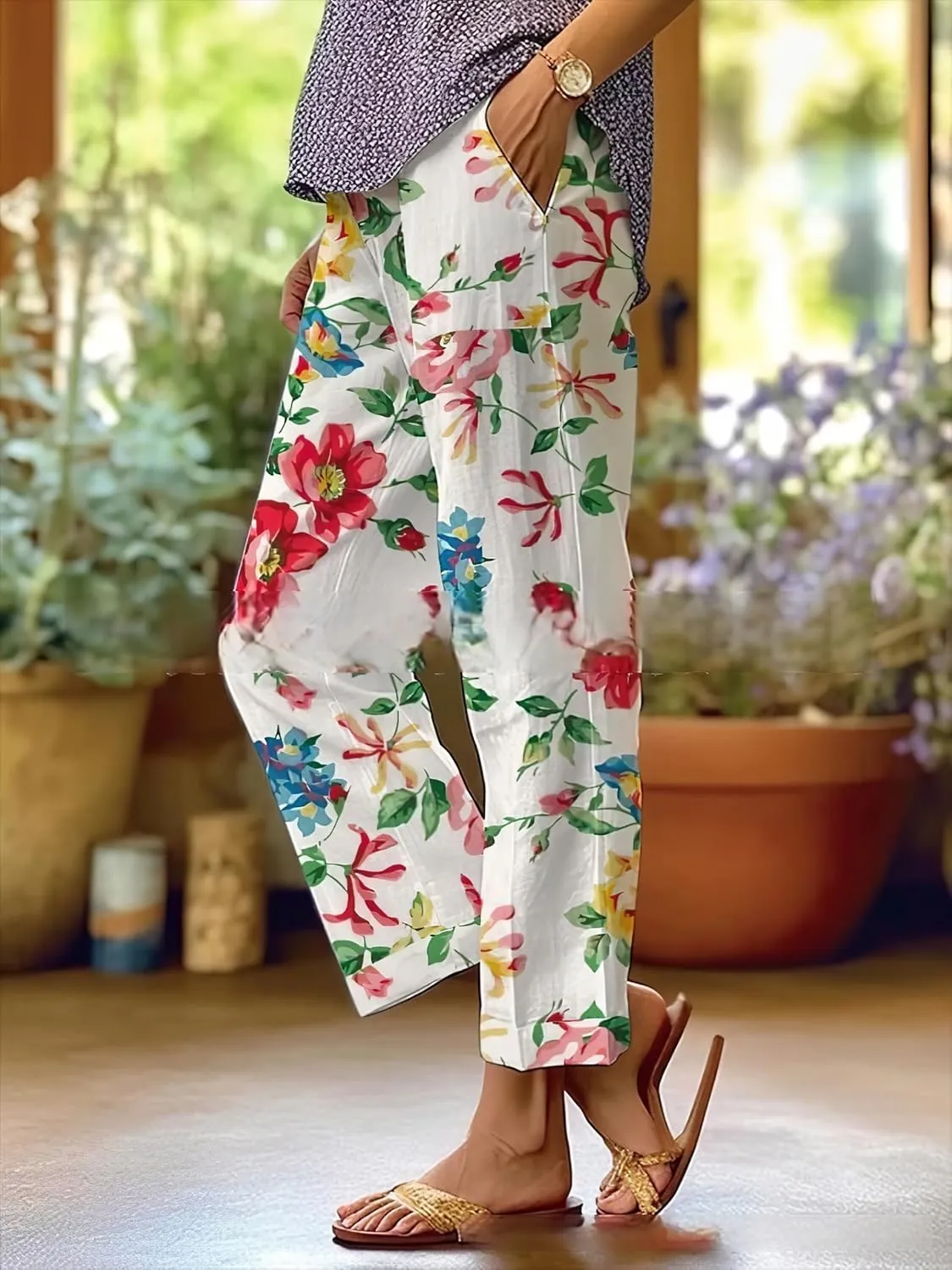 TIAFORD Womens Summer Boho Floral Print Linen Pants Drawstring Elastic Hight Waist Casual Loose Trousers with 4 Pockets